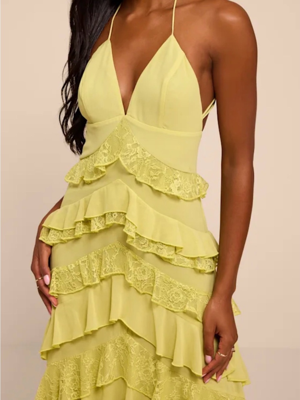 Lulus - NEW- “Melena Chartreuse Ruffled Lace Midi Dress Green” - Size L - Picture 2 of 5